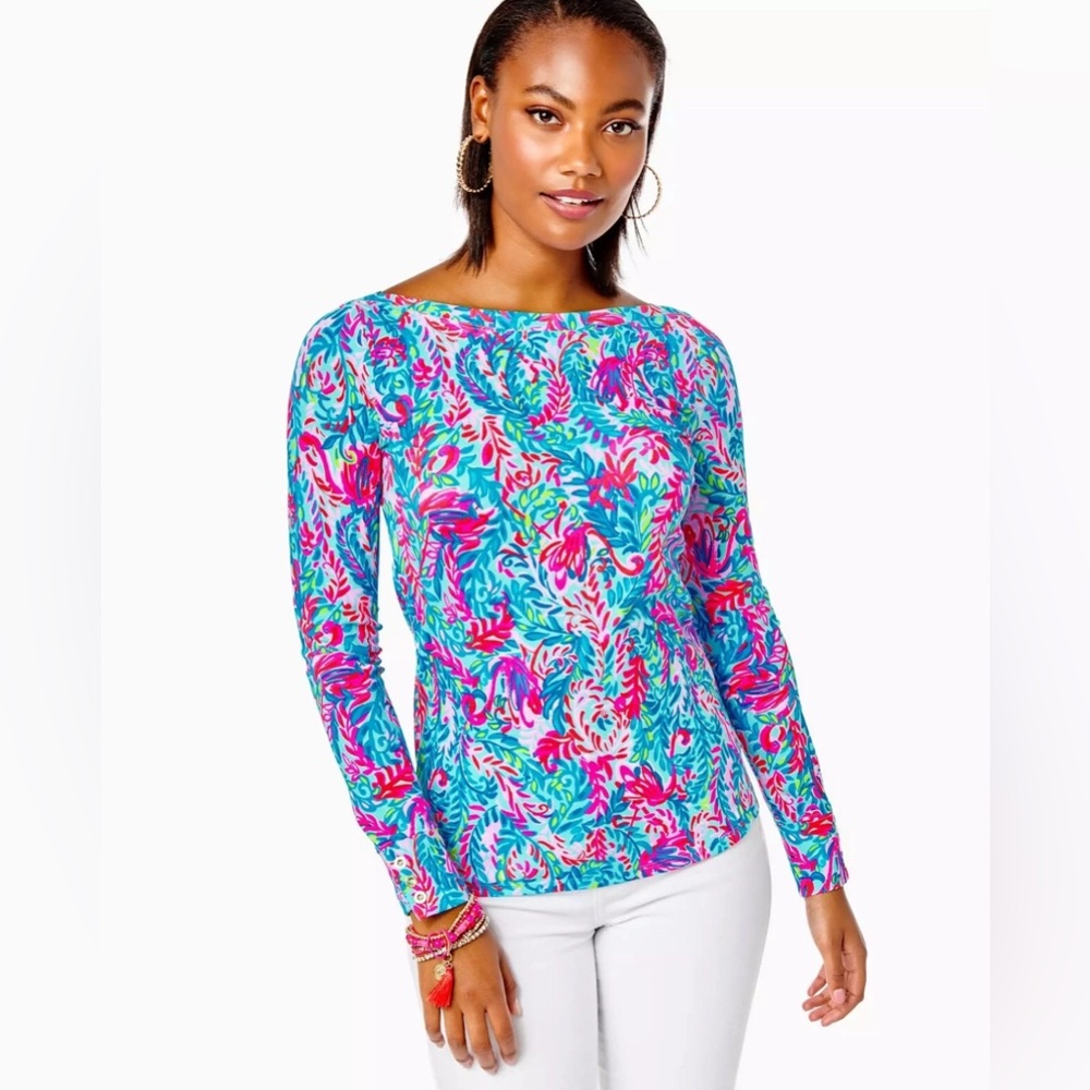 Lilly Pulitzer Aleah Fitted Blue and Pink Floral Blouse